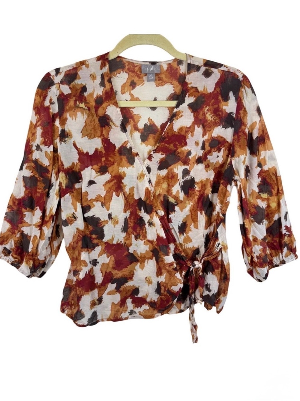 J. Jill Petite Medium Cotton Silk Floral‎ Wrap Top Orange Brown 3/4 Sleeve